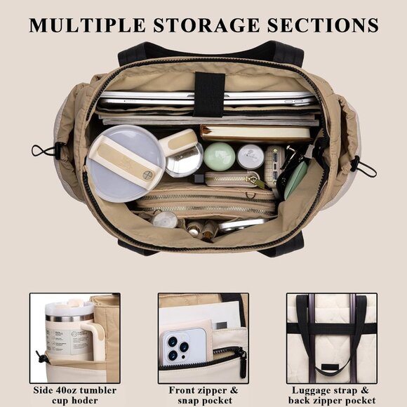 Cream Khaki Lightweight Puffer Tote Bag for Women with Laptop Compartment - Picture 3 of 7